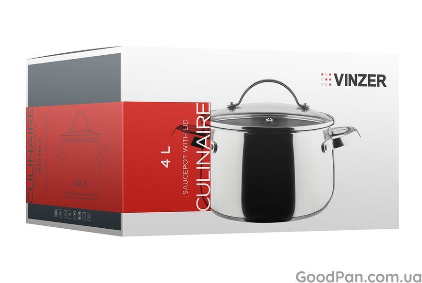 Кастрюля глянцевая с крышкой Vinzer Culinaire 20 см, 4 л 50167 фото