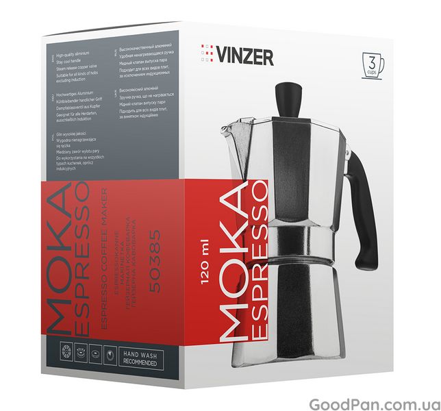 Кофеварка гейзерная Vinzer Moka espresso алюминиевая 0.12 л, на 3 чашки 89385 фото