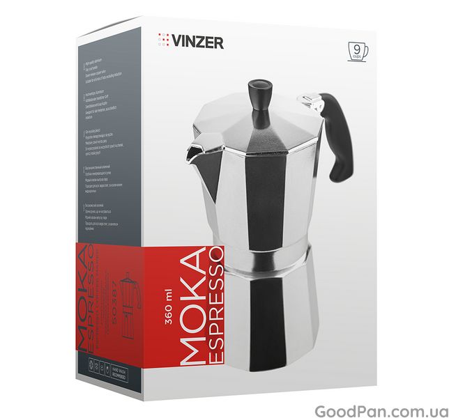 Кофеварка гейзерная Vinzer Moka espresso алюминиевая 0.36, на 9 чашек 89387 фото