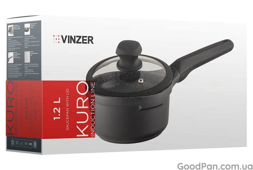 Ковш с антипригарной крышкой Vinzer Kuro Induction 16 см, 1.2 л 50426 фото