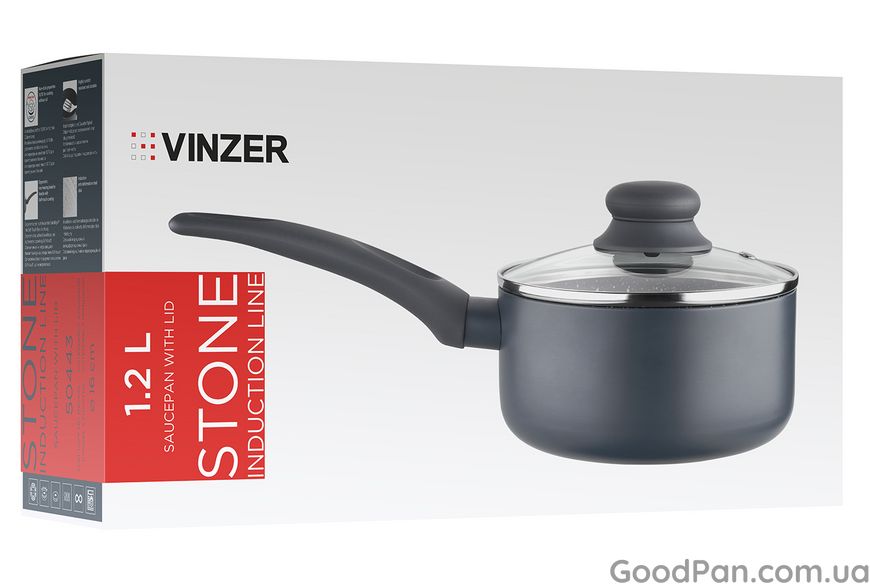 Ковш з кришкою антипригарний Vinzer Stone Induction 16 см, 1.2 л 50443 фото